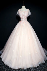 Pink Prom Dress Crew Neck Tulle Lace Long Formal Evening Dress