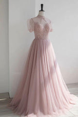 Pink Prom Dress Crew Neck Tulle Sequin Long Formal Dress Evening Dress