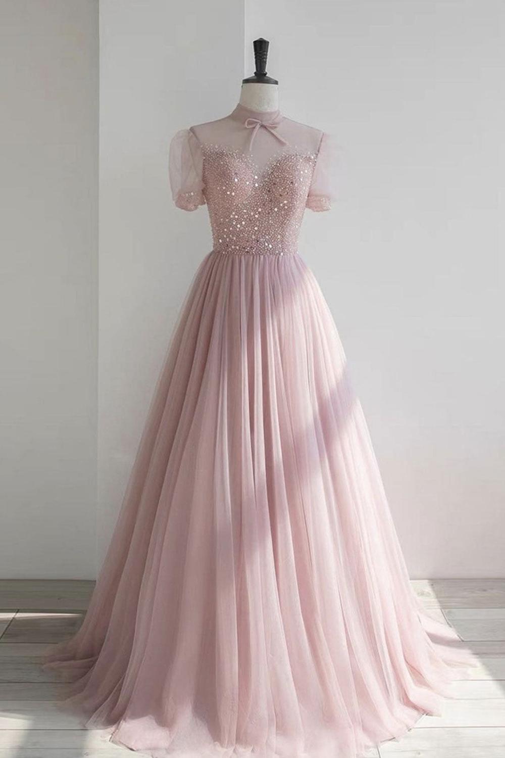 Pink Prom Dress Crew Neck Tulle Sequin Long Formal Dress Evening Dress