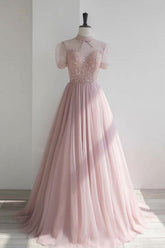 Pink Prom Dress Crew Neck Tulle Sequin Long Formal Dress Evening Dress