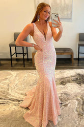 Pink Prom Dress Deep V Neck Mermaid Evening Dress