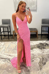 Pink Prom Dress Detachable Train Sequined Evening Dress with Slit