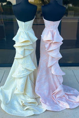 Pink Prom Dress Floral Ruffled Mermaid Sweetheart Long Evening Dress with Slit