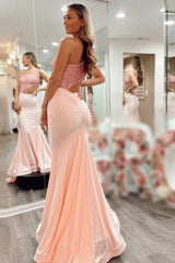 Pink Prom Dress Glitter Mermaid One Shoulder Cutout Long Evening Dress