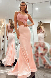 Pink Prom Dress Glitter Mermaid One Shoulder Cutout Long Evening Dress