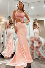 Pink Prom Dress Glitter Mermaid One Shoulder Cutout Long Evening Dress