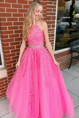 Pink Prom Dress Halter Long Evening Dress With Appliques