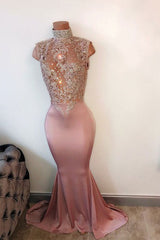 Pink Prom Dress High Neck Lace Sequin Mermaid Long Formal Gown Evening Dress
