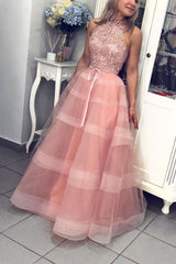 Pink Prom Dress High Neck Tulle Lace Long Evening Dress