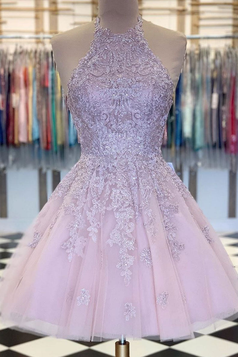 Pink Prom Dress High Neck Tulle Lace Short Formal Evening Dress