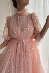 Pink Prom Dress High Neck Tulle Long Formal Evening Dress