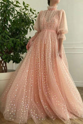 Pink Prom Dress High Neck Tulle Long Formal Evening Dress