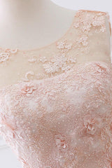 Pink Prom Dress Lace Crew Neck Tea Length Evening Dress