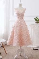 Pink Prom Dress Lace Crew Neck Tea Length Evening Dress