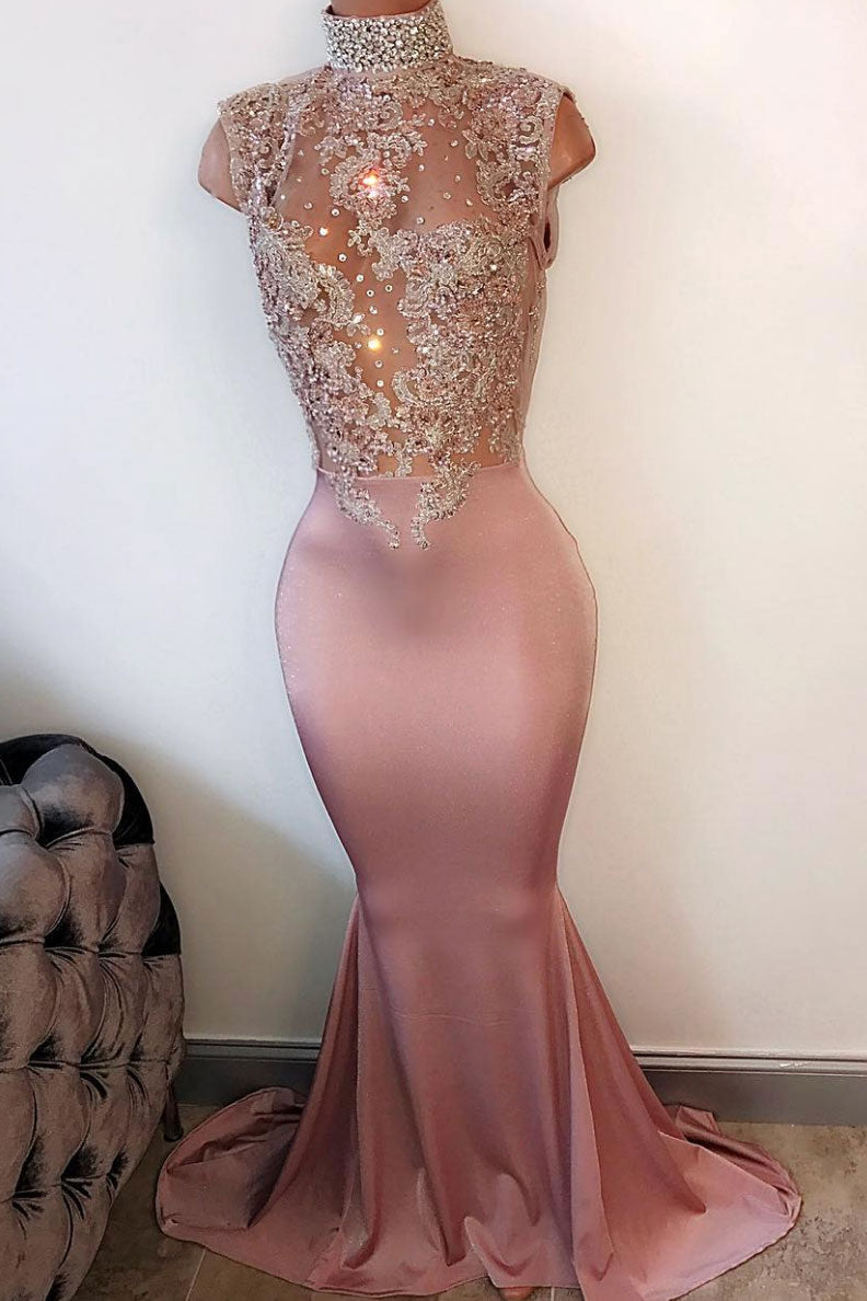 Pink Prom Dress Lace Sequin Mermaid Long Evening Dress