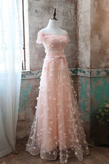 Pink Prom Dress Lace Tulle Long Evening Dress