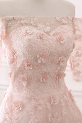 Pink Prom Dress Lace Tulle Tea Length Evening Dress