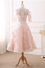 Pink Prom Dress Lace Tulle Tea Length Evening Dress
