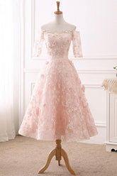 Pink Prom Dress Lace Tulle Tea Length Evening Dress
