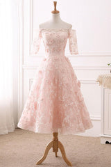 Pink Prom Dress Lace Tulle Tea Length Evening Dress