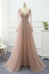 Pink Prom Dress Long Sleeve V Neck Formal Dress With Beadings and Rhinestones