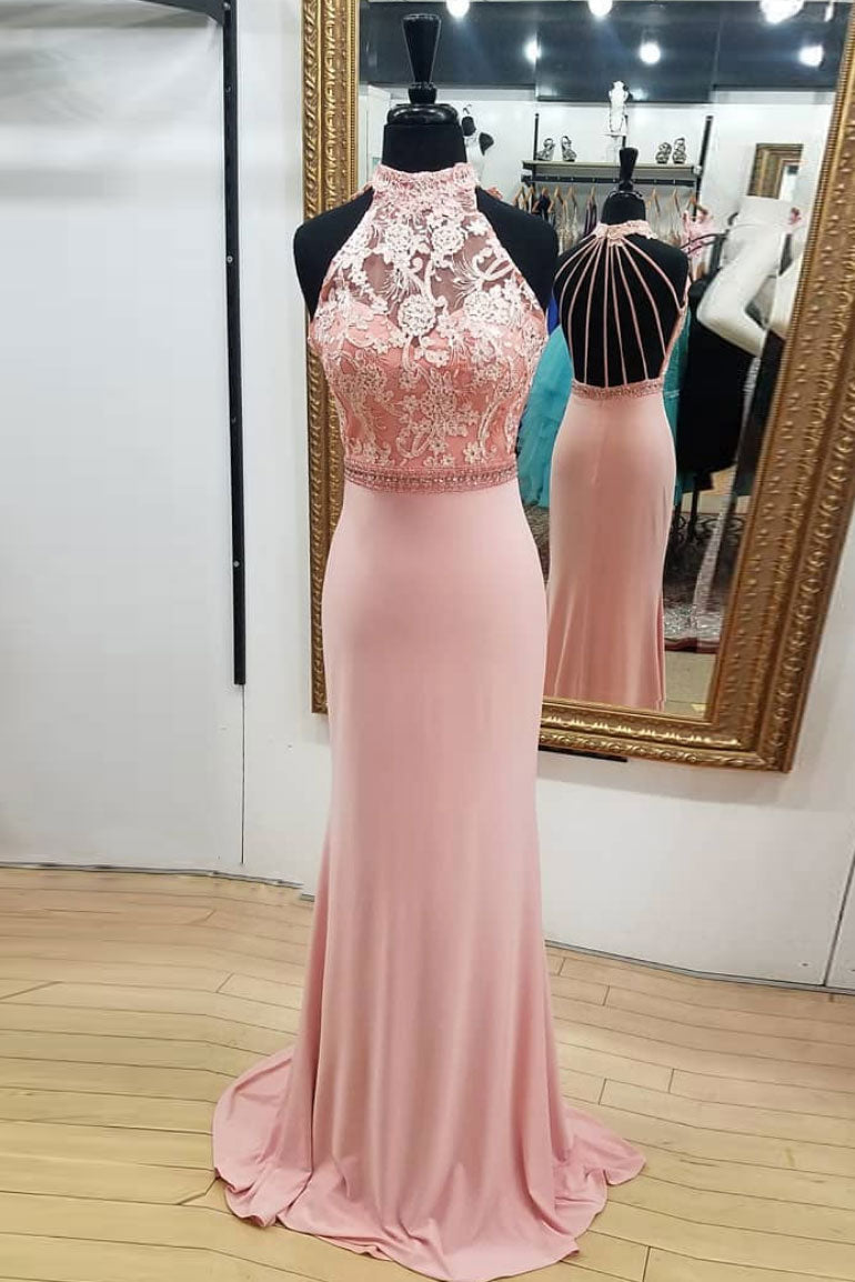 Pink Prom Dress Mermaid Lace Long Evening Gown Evening Dress