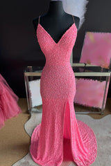 Pink Prom Dress Mermaid Long Sequined Evening Dress with Slit