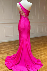 Pink Prom Dress Mermaid One Shoulder Long Evening Dress