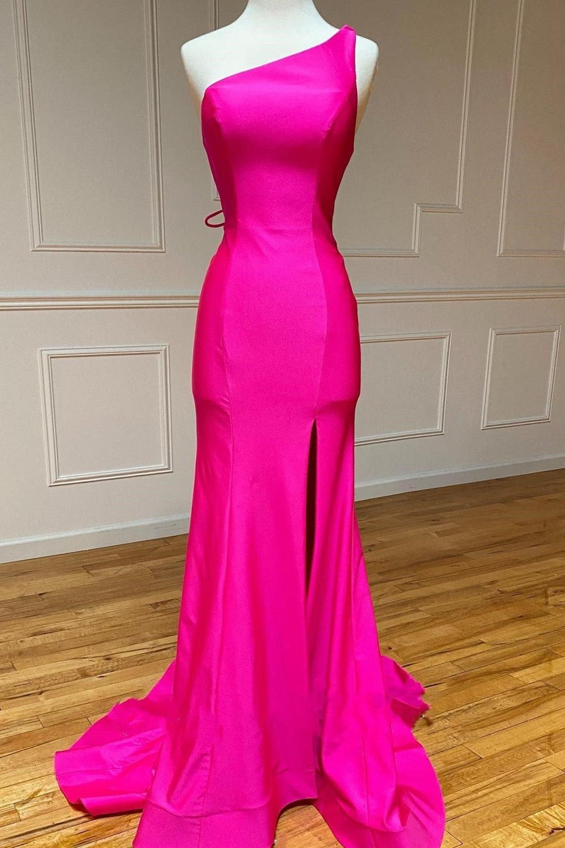 Pink Prom Dress Mermaid One Shoulder Long Evening Dress