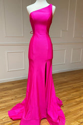 Pink Prom Dress Mermaid One Shoulder Long Evening Dress