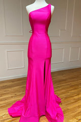 Pink Prom Dress Mermaid One Shoulder Long Evening Dress