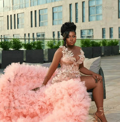 Pink Prom Dress Mermaid Ruffled Beaded Pearls Illusion Crew Neck Formal Dress With Slit