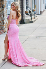 Pink Prom Dress Mermaid Strapless Corset Long Evening Dress with Slit