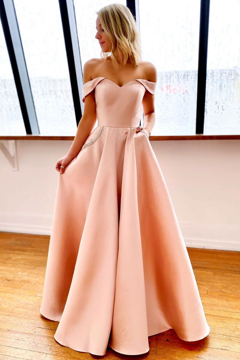 Pink Prom Dress Off the Shoulder Satin Long Formal Gown Evening Dress