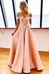 Pink Prom Dress Off the Shoulder Satin Long Formal Gown Evening Dress