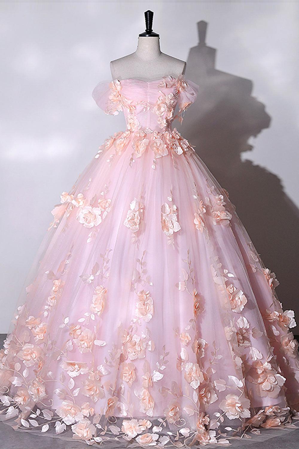 Pink Prom Dress Off the Shoulder Tulle Lace Appliques Long Sweet 16 Dress Evening Dress