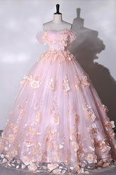 Pink Prom Dress Off the Shoulder Tulle Lace Appliques Long Sweet 16 Dress Evening Dress