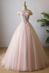 Pink Prom Dress Off the Shoulder Tulle Lace Long Formal Gown Evening Dress