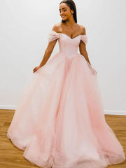 Pink Prom Dress Off the Shoulder Tulle Long A Line Evening Dress