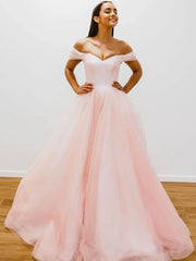 Pink Prom Dress Off the Shoulder Tulle Long A Line Evening Dress