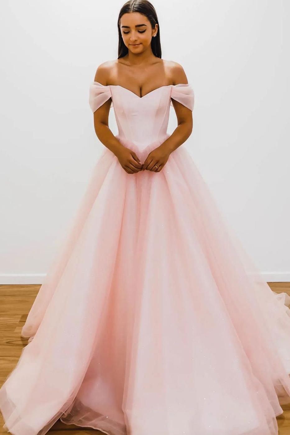 Pink Prom Dress Off the Shoulder Tulle Long A Line Evening Dress