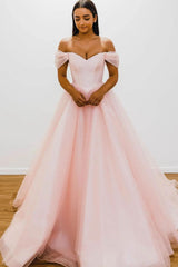 Pink Prom Dress Off the Shoulder Tulle Long A Line Evening Dress