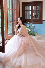 Pink Prom Dress Off the Shoulder Tulle Long Formal Evening Dress
