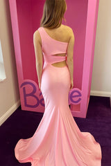 Pink Prom Dress One Shoulder Cutout Trumpet Long Evening Dress
