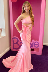 Pink Prom Dress One Shoulder Cutout Trumpet Long Evening Dress