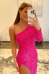 Pink Prom Dress One Shoulder Sequined Evening Dress