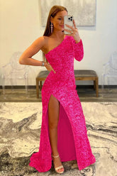 Pink Prom Dress One Shoulder Sequined Evening Dress