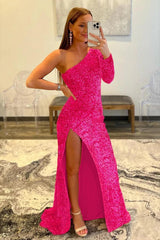 Pink Prom Dress One Shoulder Sequined Evening Dress