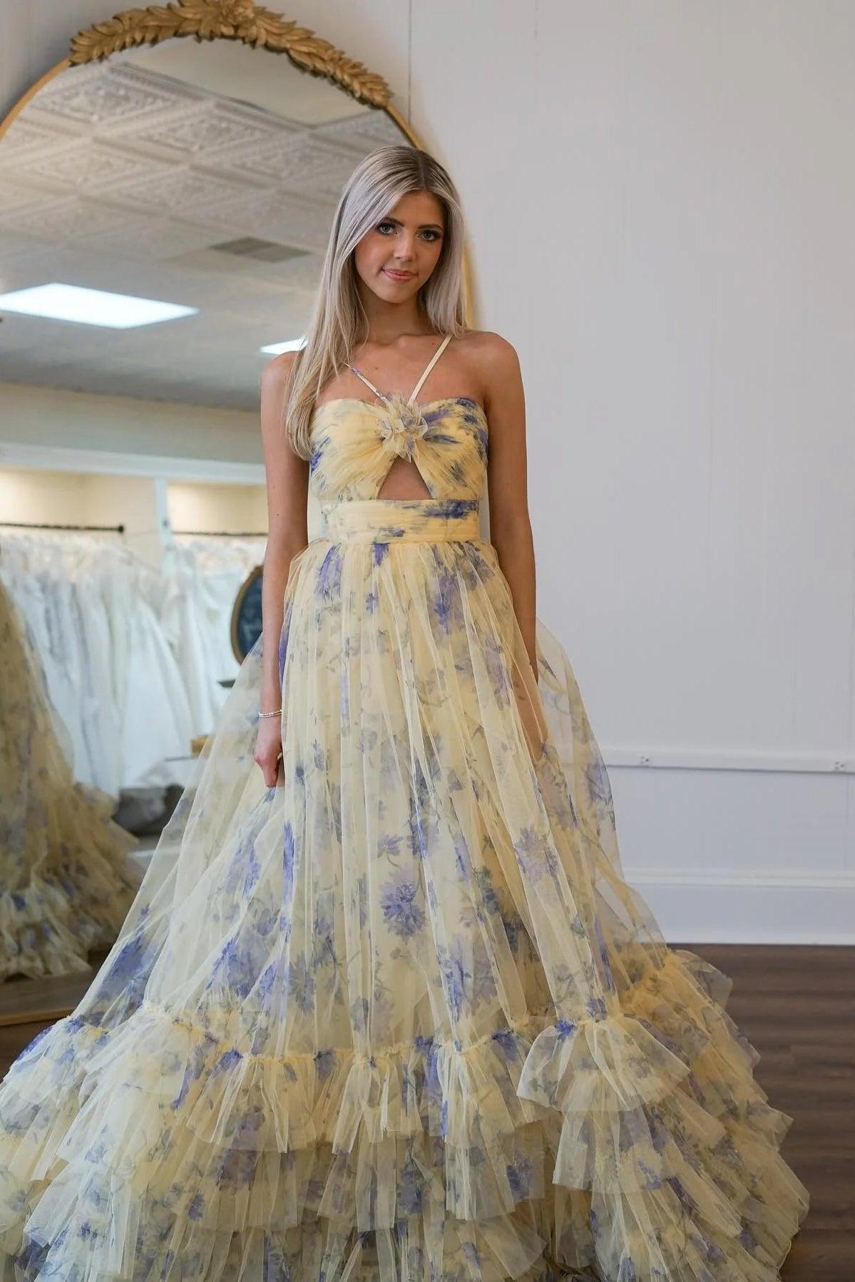 Pink Prom Dress Print Halter Keyhole A Line Long Evening Dress