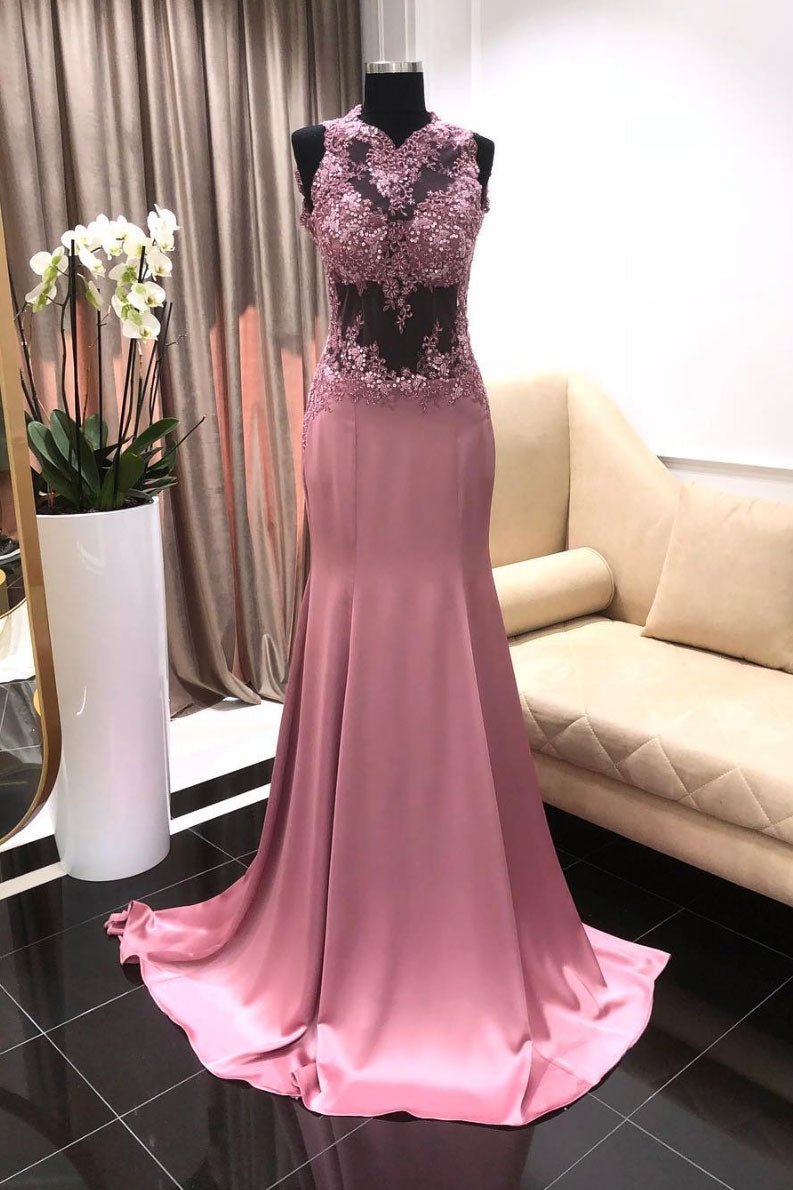Pink Prom Dress Satin Lace Appliques Long Formal Evening Dress